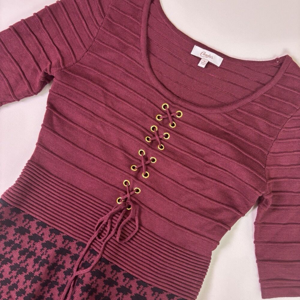 Candies Y2K Mini Knit Dress Womens Small Lace Up Houndstooth Dark Academia Goth